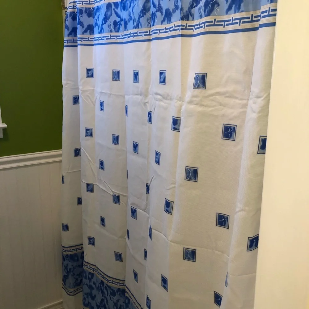 Blue white and golden yellow shower curtain
